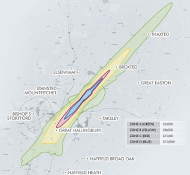 Plan showing the areas within which sound insulation grant awards are available